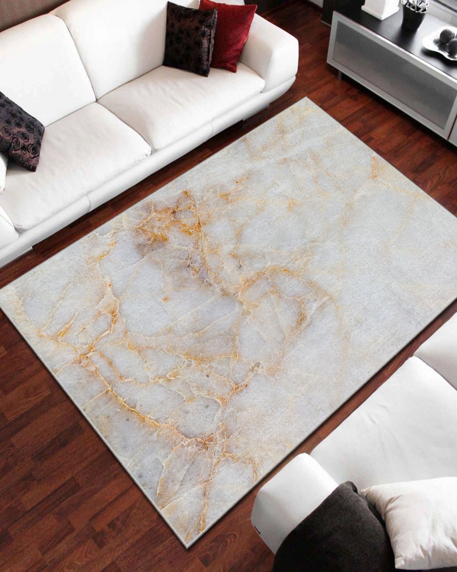 Mermer Altın Detaylı Beyaz Salon Halısı